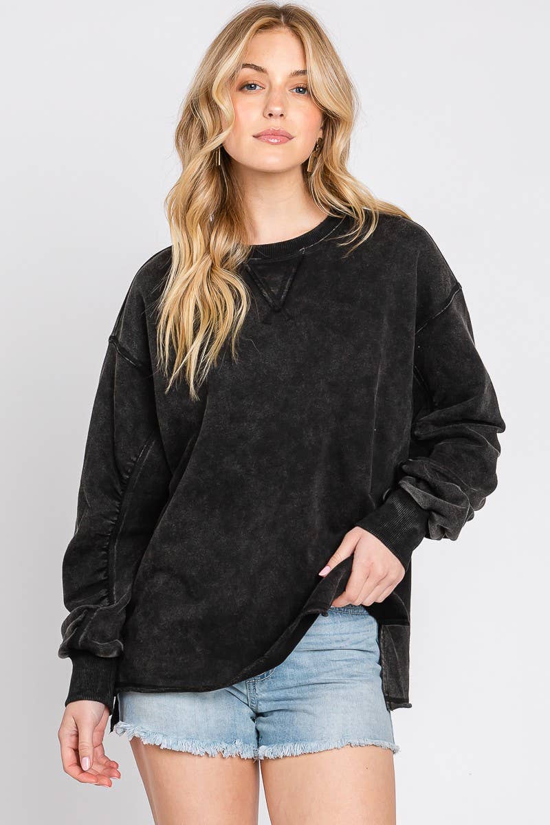 MINERAL WASH RUCHED SLEEVE SWEATSHIRT