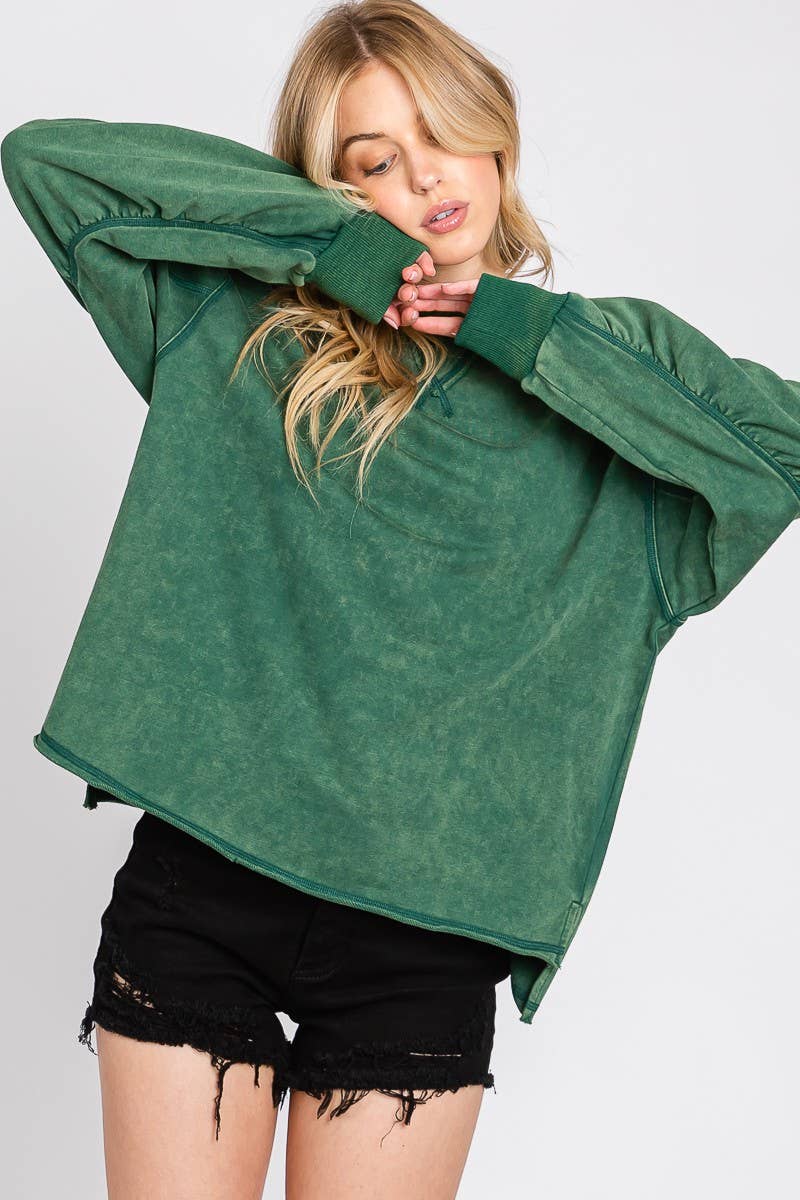 MINERAL WASH RUCHED SLEEVE SWEATSHIRT