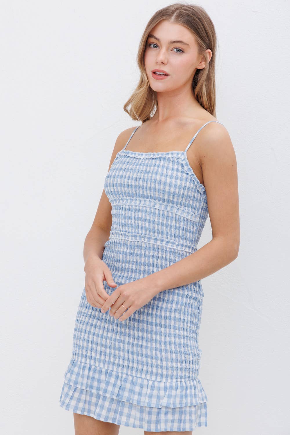 Gingham Smocked Ruffle Cami Bodycon Mini Dress