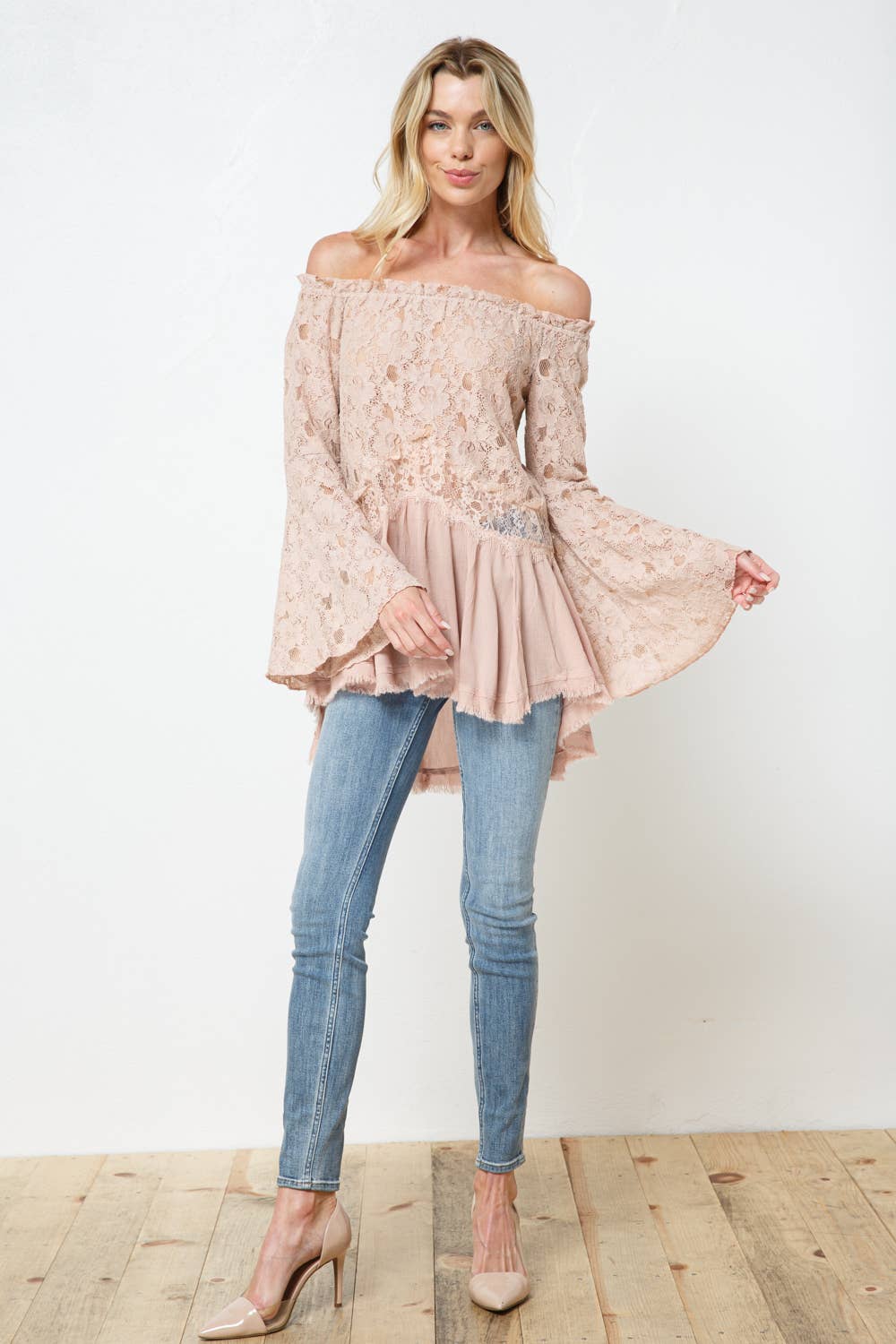 Off the Shoulder Lace Bell SLV Mix Flare Tunic Top