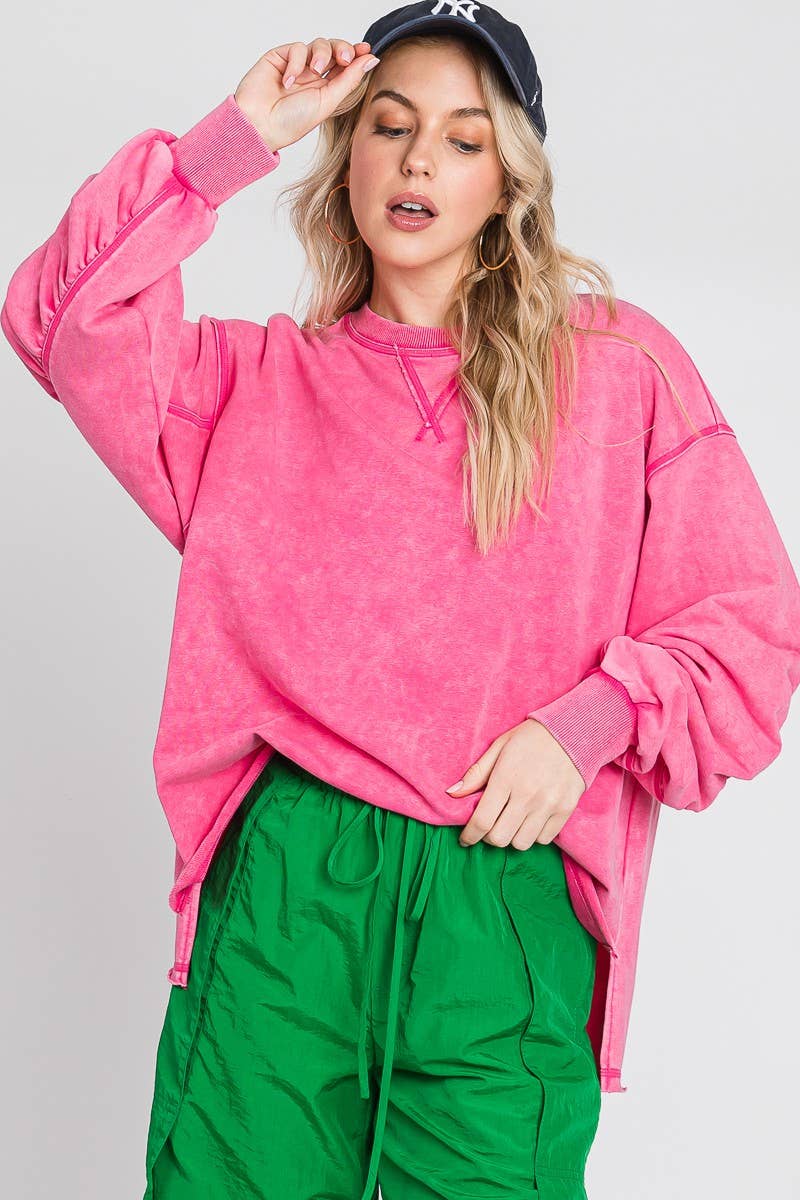 MINERAL WASH RUCHED SLEEVE SWEATSHIRT