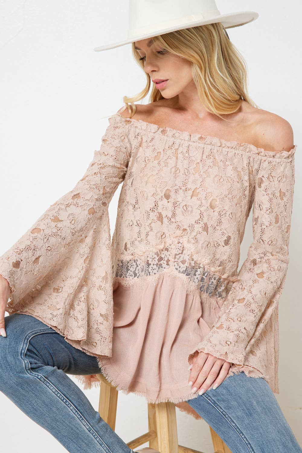 Off the Shoulder Lace Bell SLV Mix Flare Tunic Top