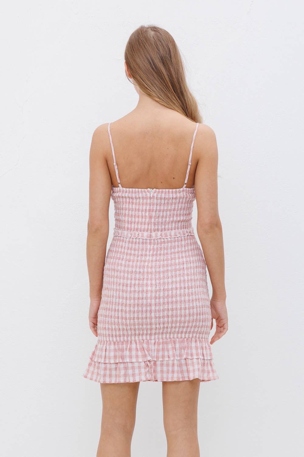 Gingham Smocked Ruffle Cami Bodycon Mini Dress