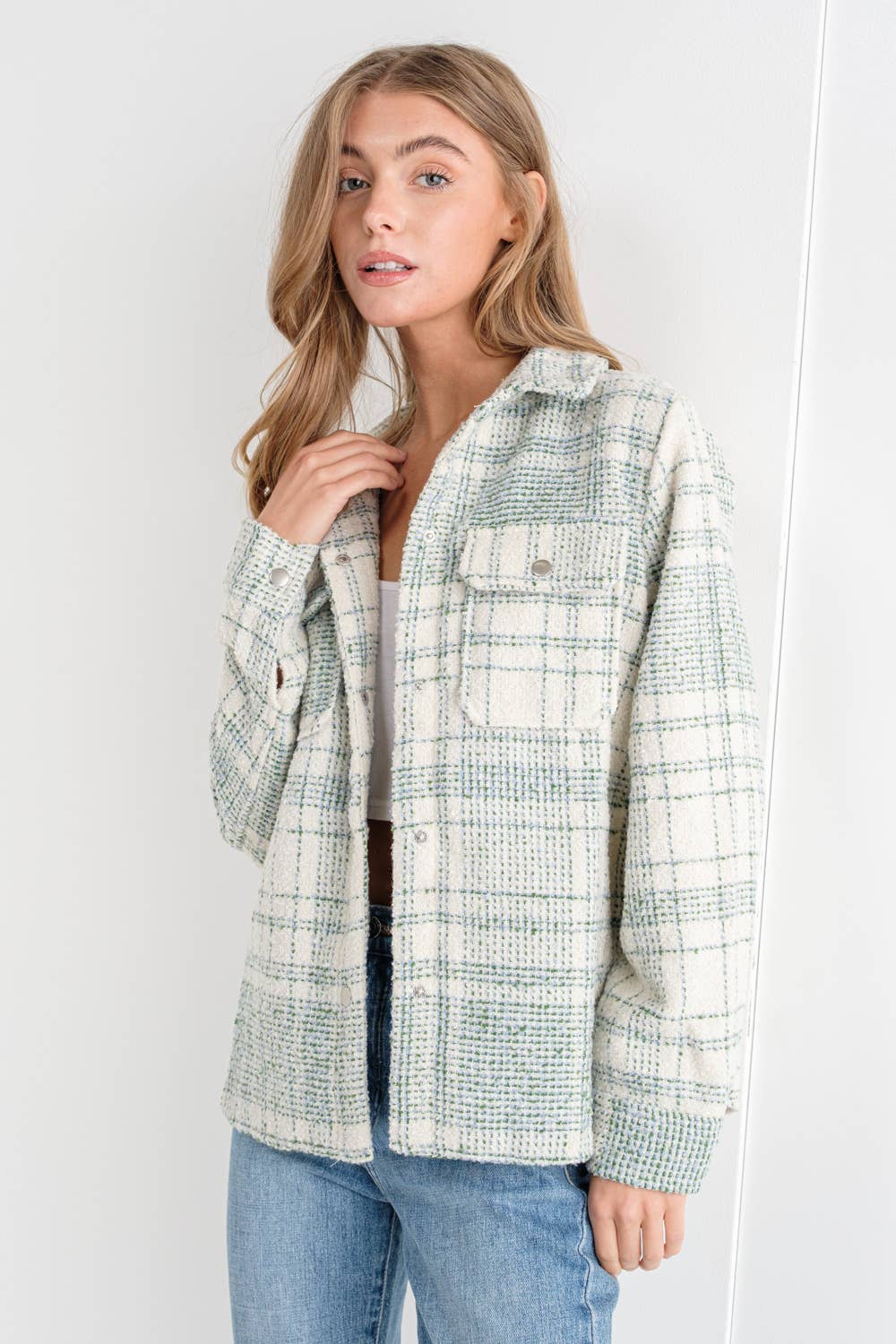 Brush Boucle Plaid Shirt Jacket