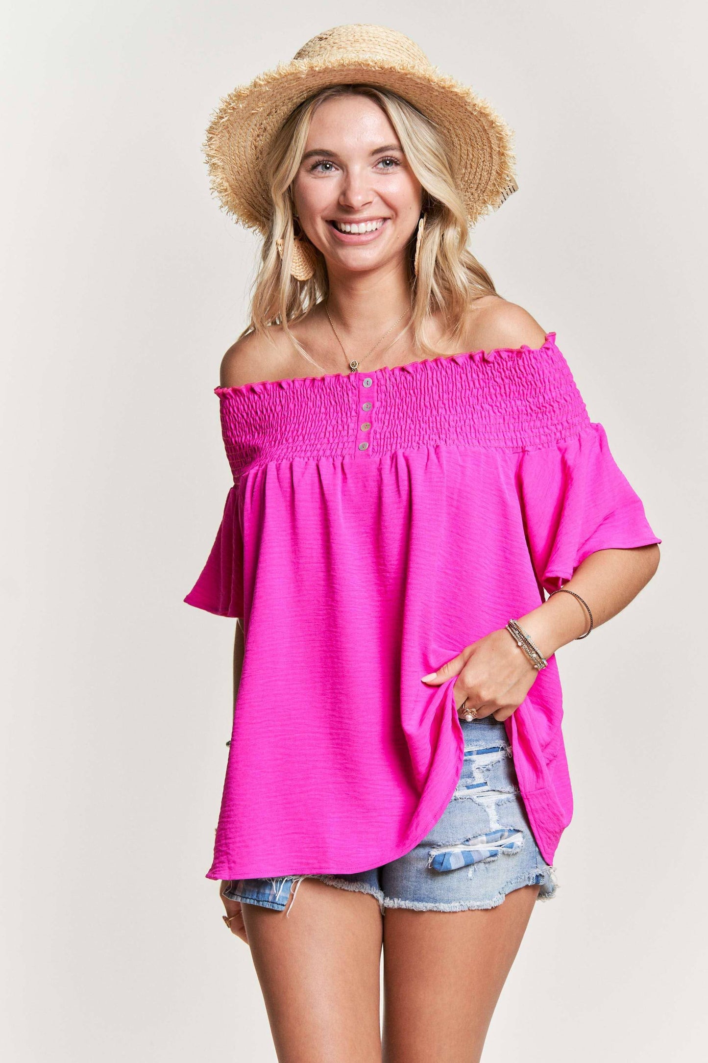 SMOCKED OFF SHOULDER TUNIC TOP