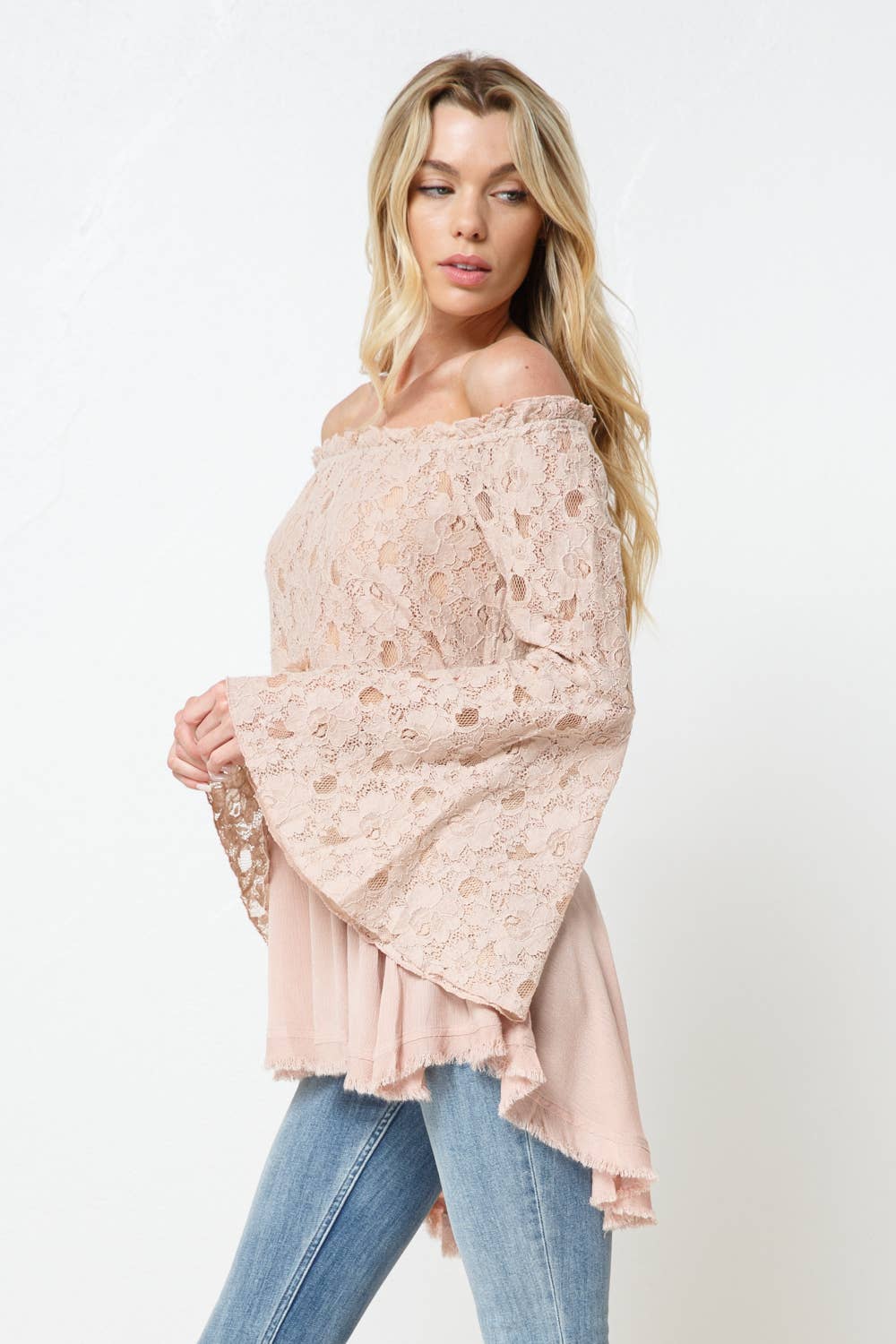 Off the Shoulder Lace Bell SLV Mix Flare Tunic Top