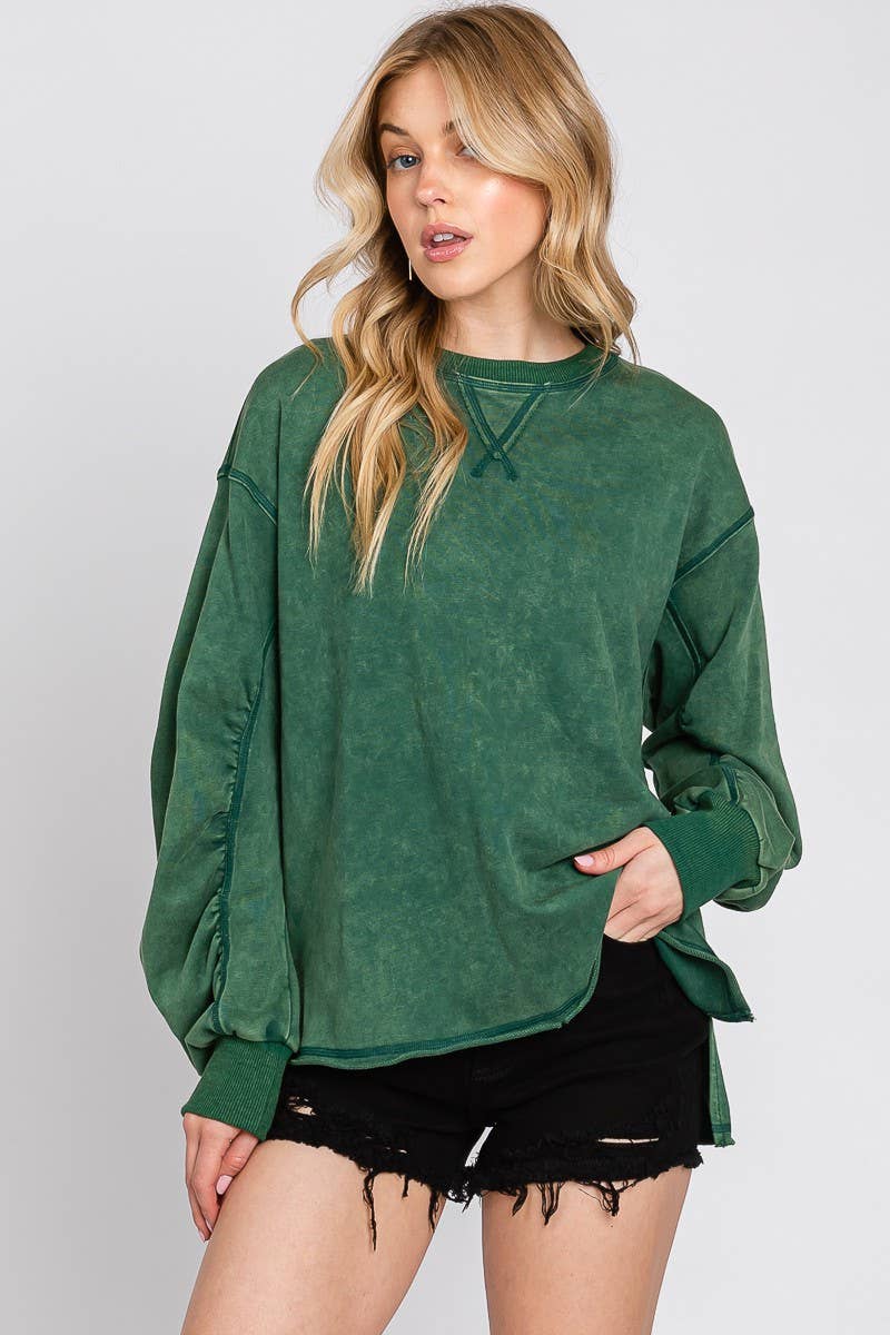 MINERAL WASH RUCHED SLEEVE SWEATSHIRT