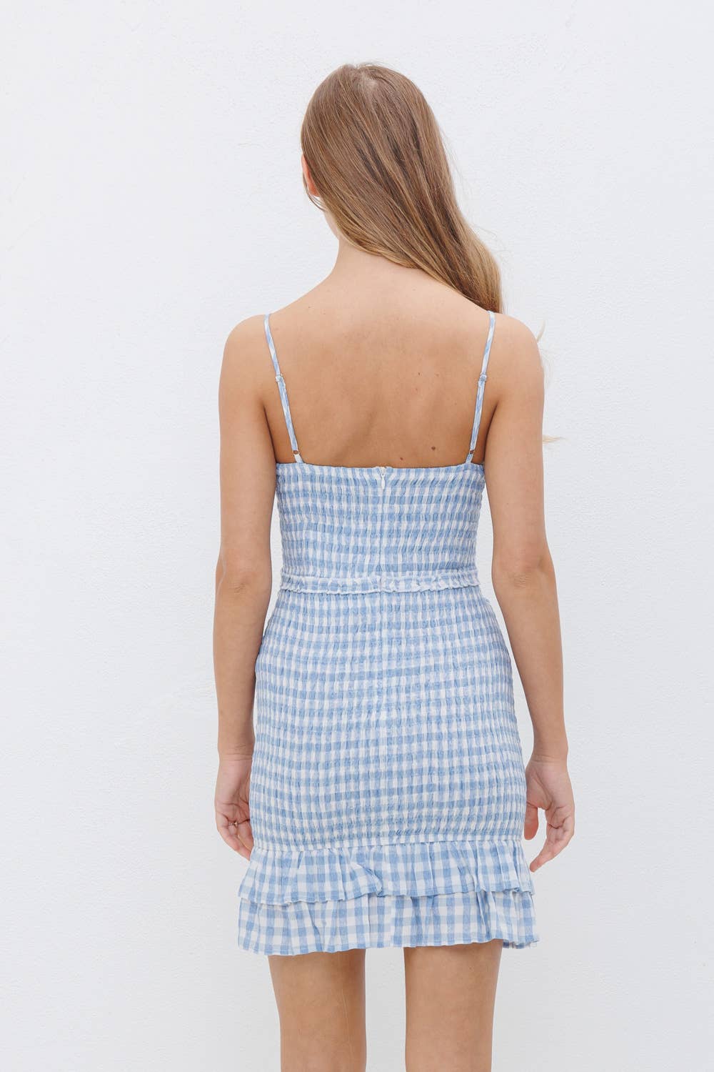 Gingham Smocked Ruffle Cami Bodycon Mini Dress