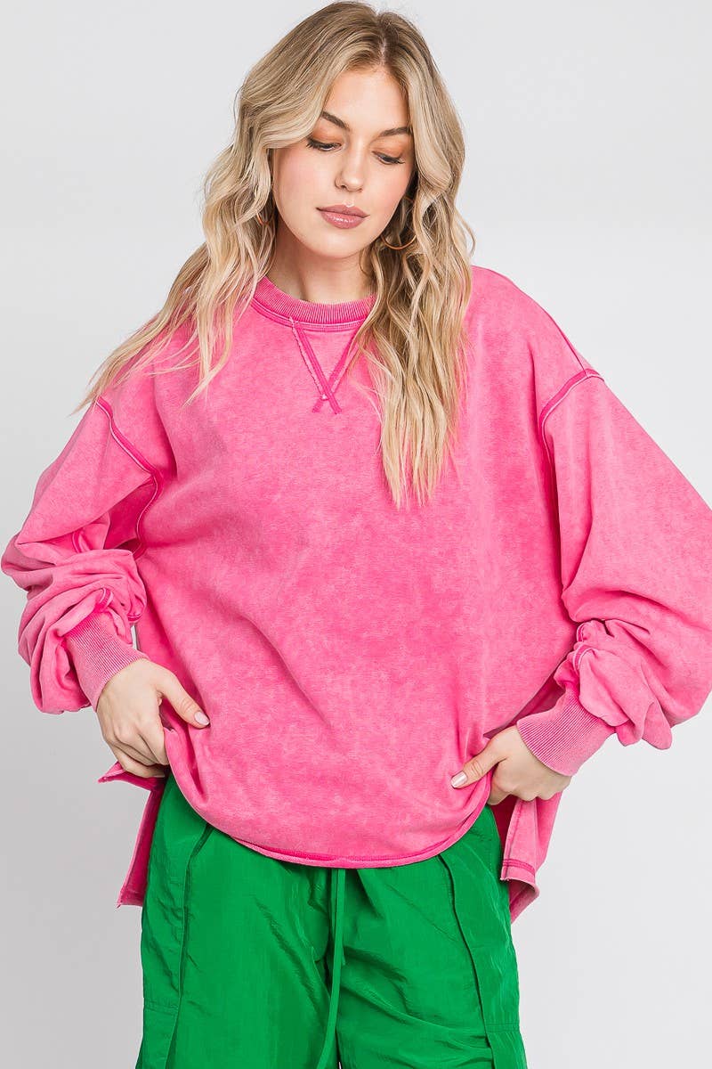 MINERAL WASH RUCHED SLEEVE SWEATSHIRT