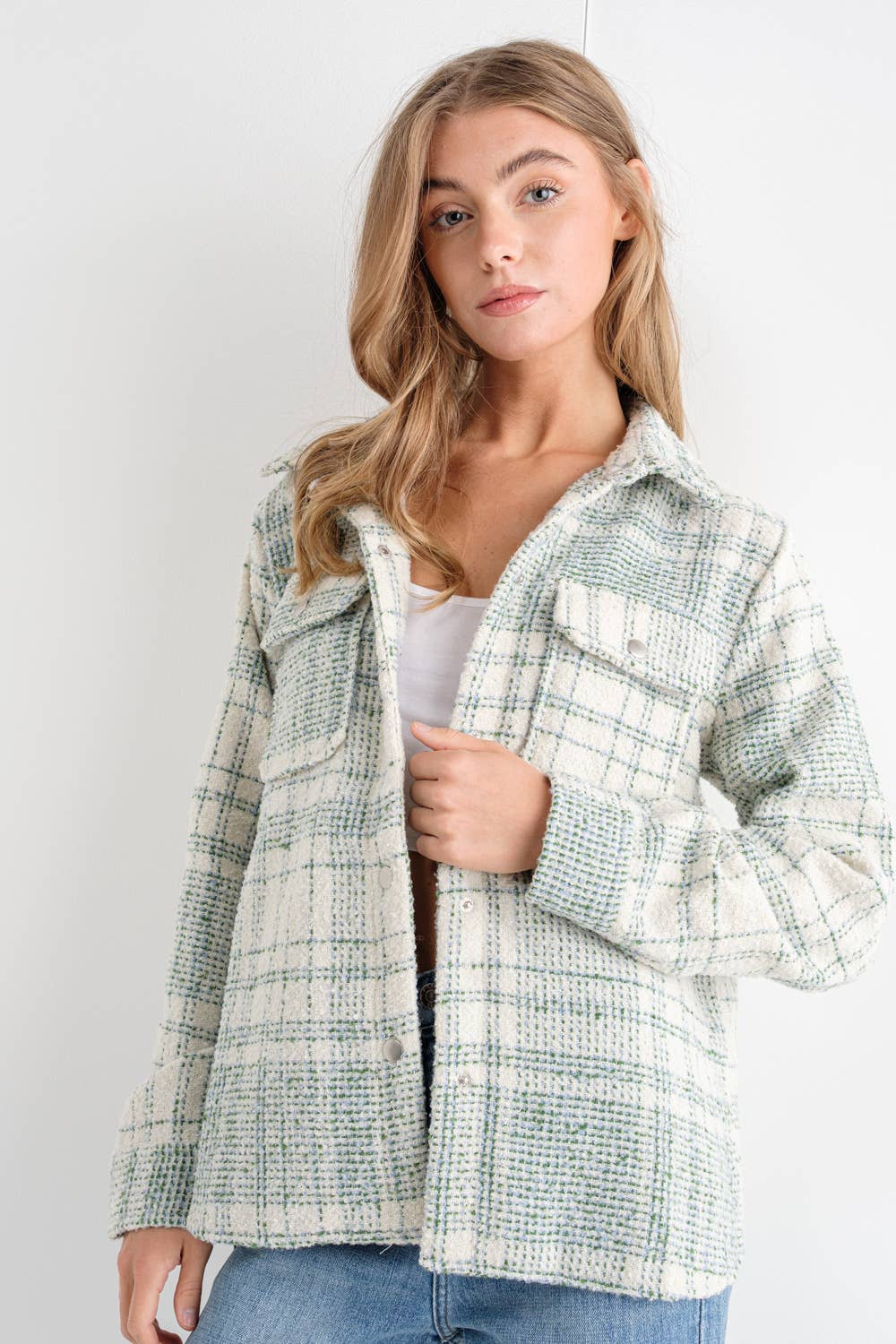 Brush Boucle Plaid Shirt Jacket