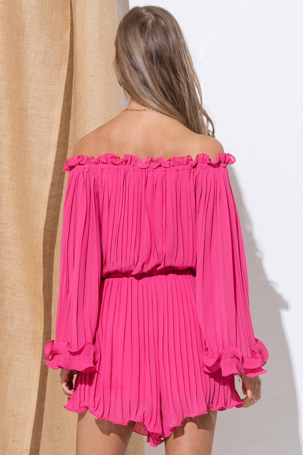 Chiffon Pleated Off Shoulder Ruffle Swirl Romper