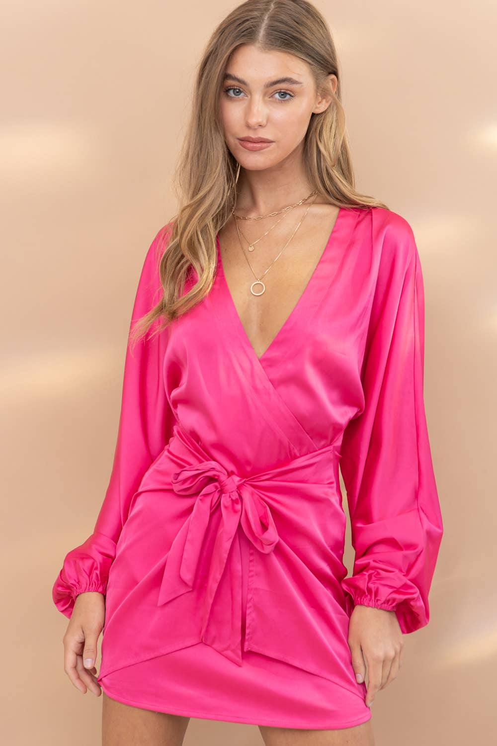 Satin Stretch Long SLV Wrap Tie Mini Dress