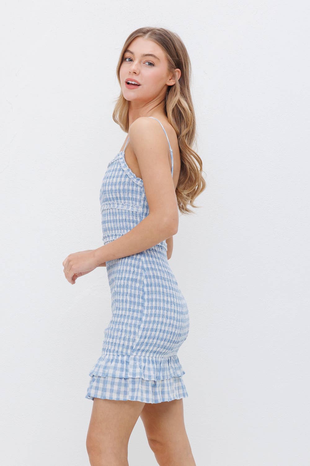 Gingham Smocked Ruffle Cami Bodycon Mini Dress