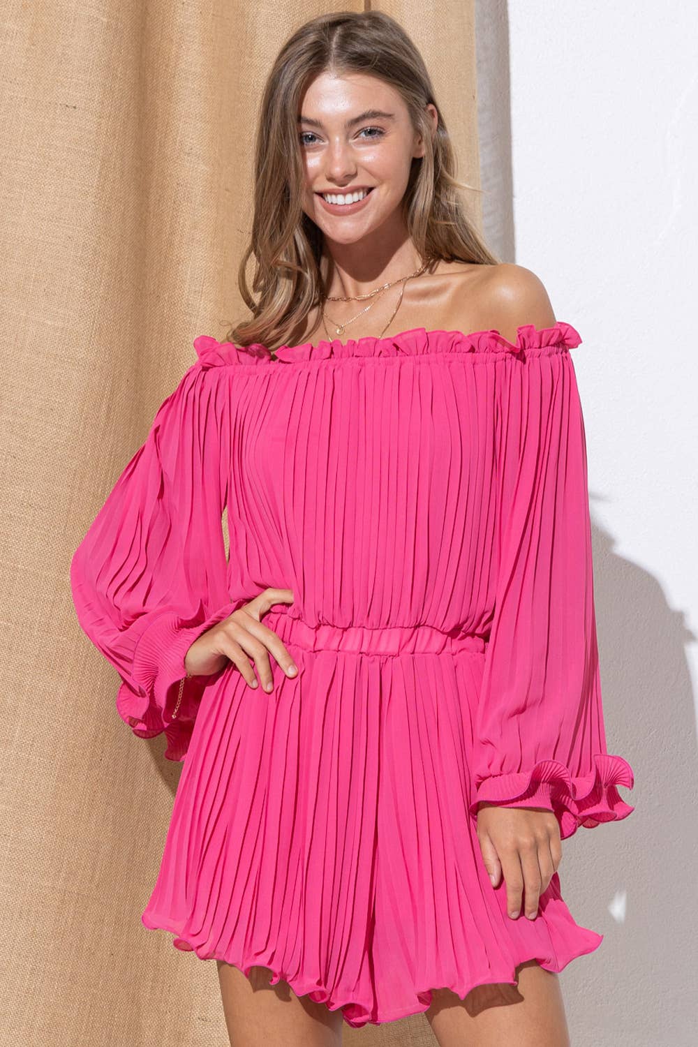 Chiffon Pleated Off Shoulder Ruffle Swirl Romper