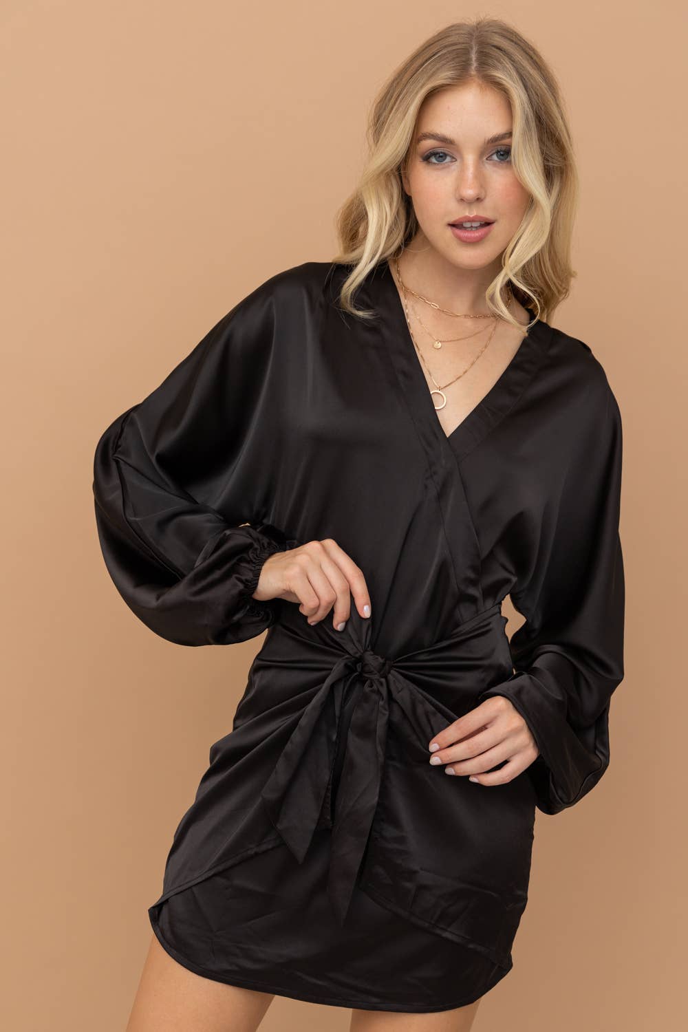 Satin Stretch Long SLV Wrap Tie Mini Dress