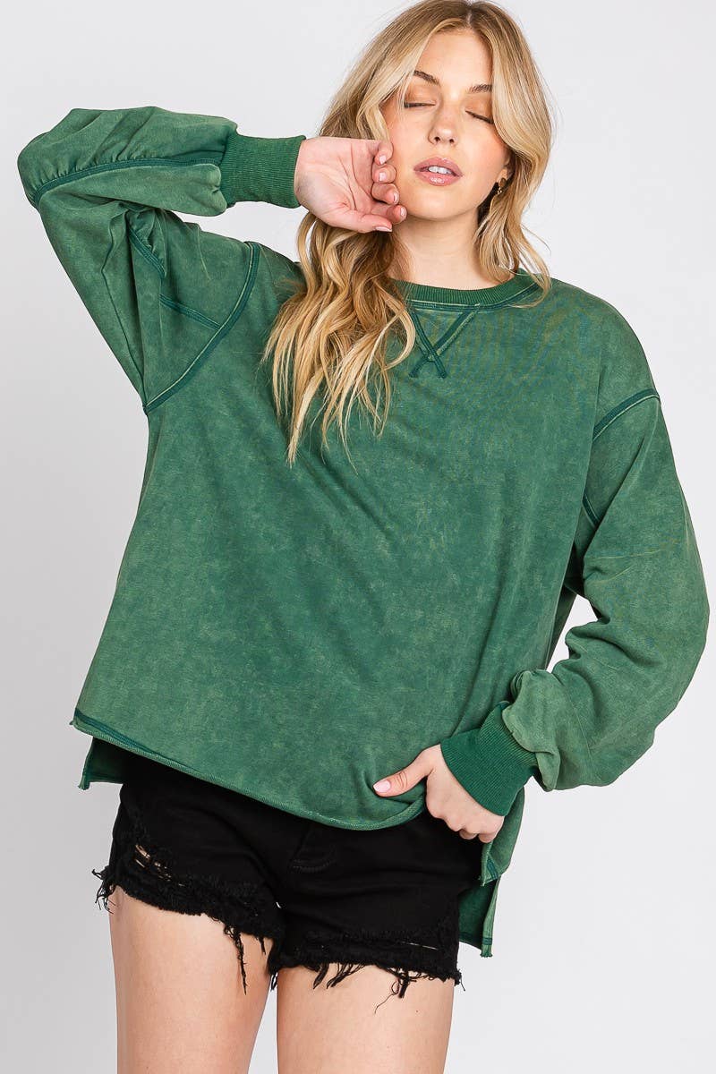 MINERAL WASH RUCHED SLEEVE SWEATSHIRT