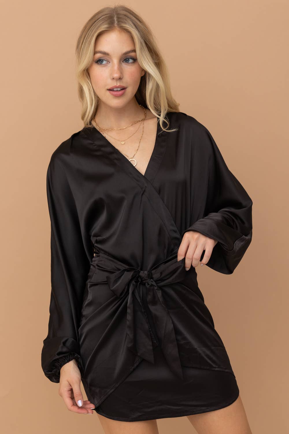 Satin Stretch Long SLV Wrap Tie Mini Dress