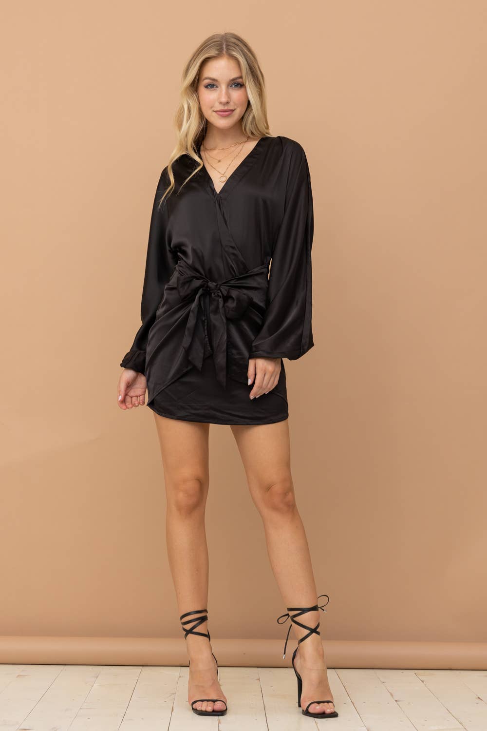 Satin Stretch Long SLV Wrap Tie Mini Dress