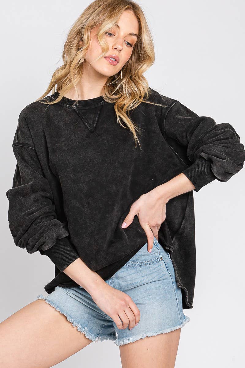 MINERAL WASH RUCHED SLEEVE SWEATSHIRT