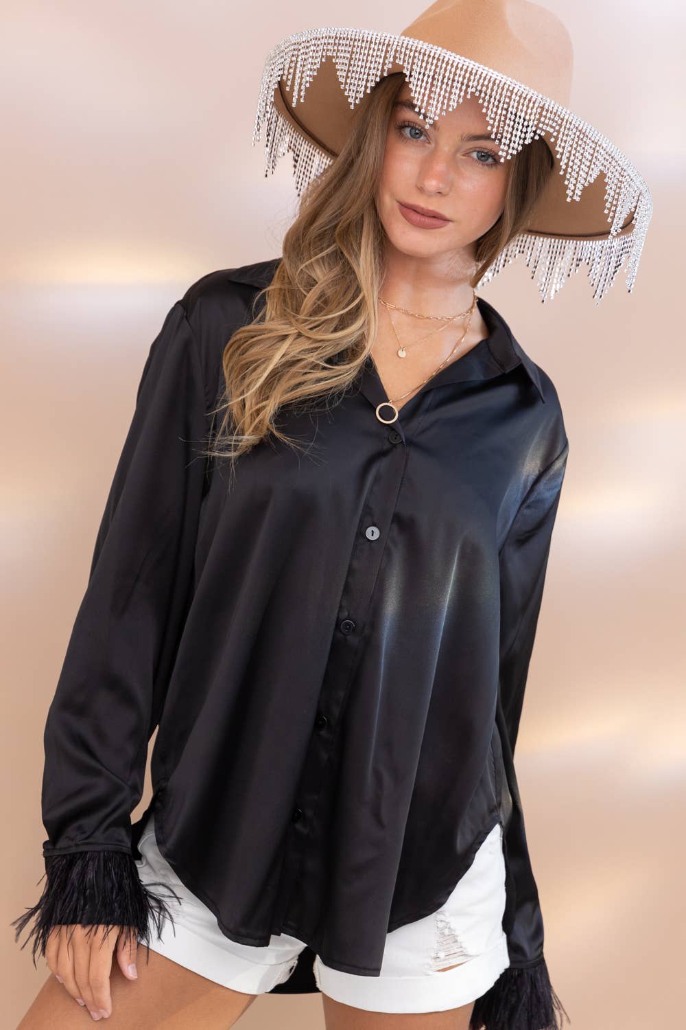 Satin Shirt Blouse with Ostrich Fur Cuff