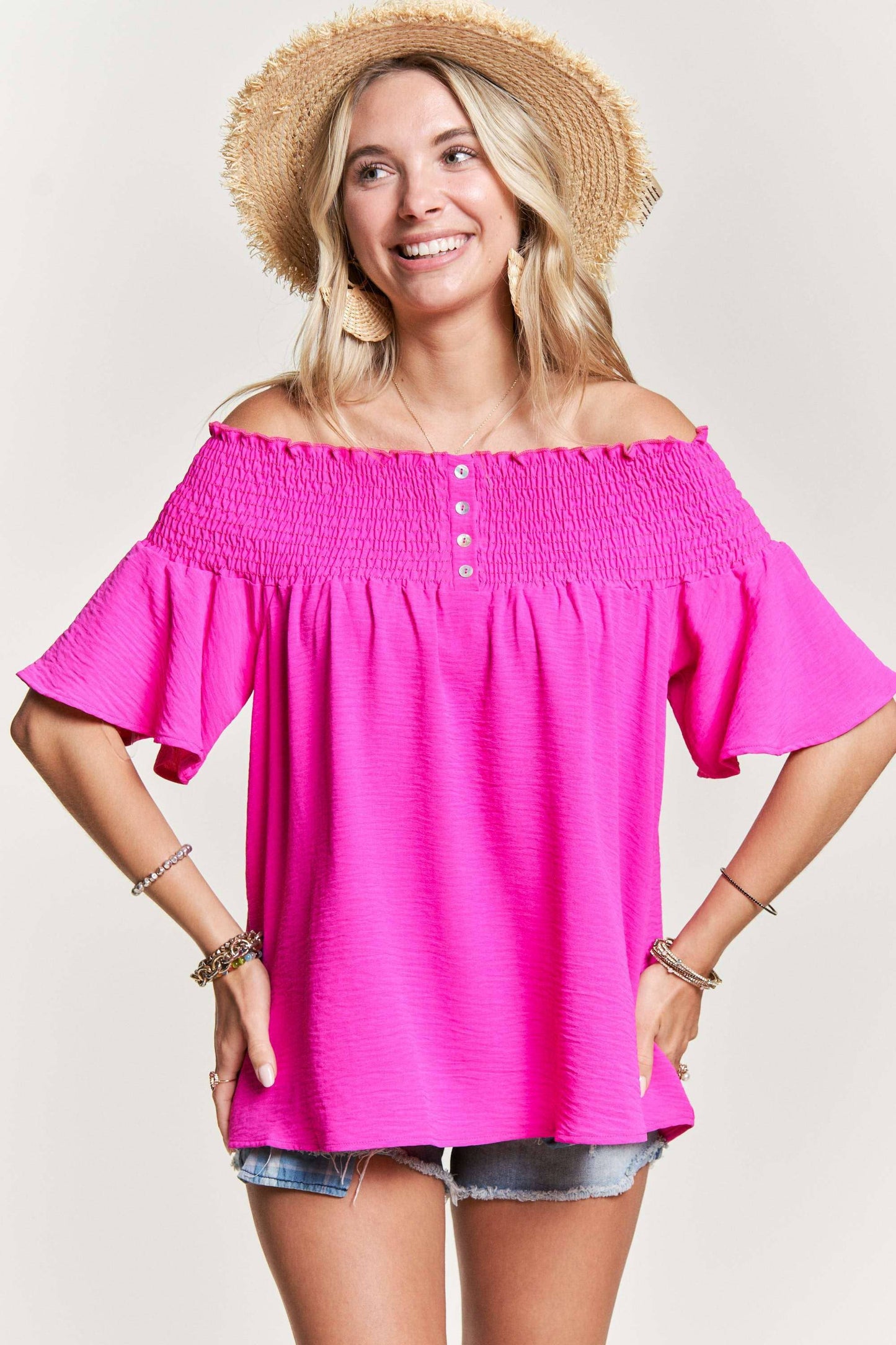 SMOCKED OFF SHOULDER TUNIC TOP