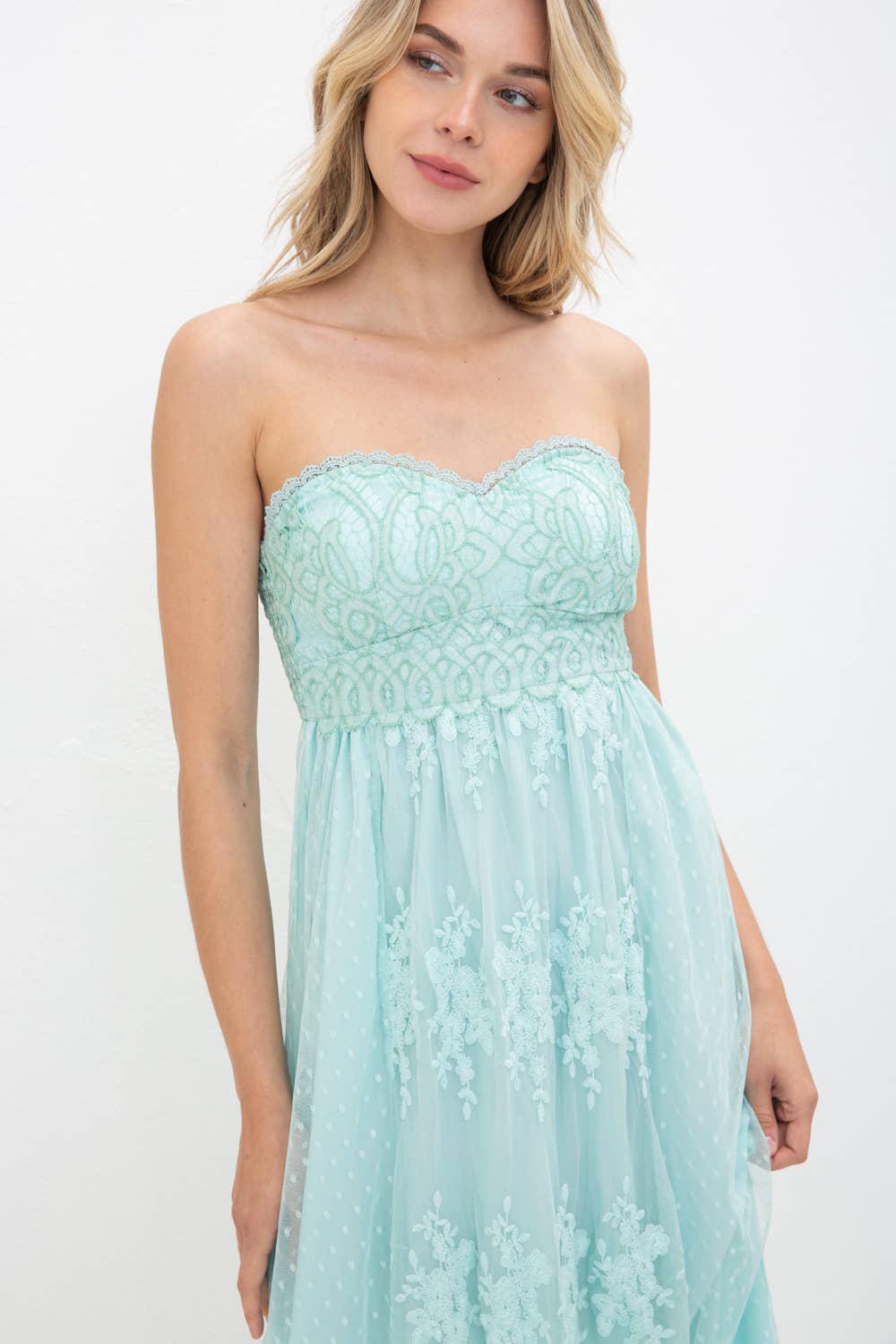 Crochet Padded Bralette Swiss Dot Midi Ruffle Dress