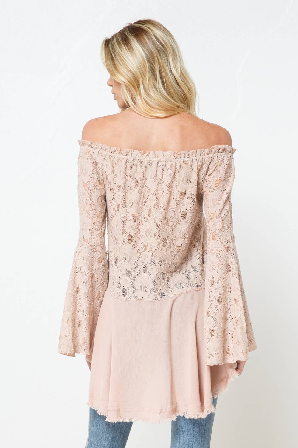 Off the Shoulder Lace Bell SLV Mix Flare Tunic Top