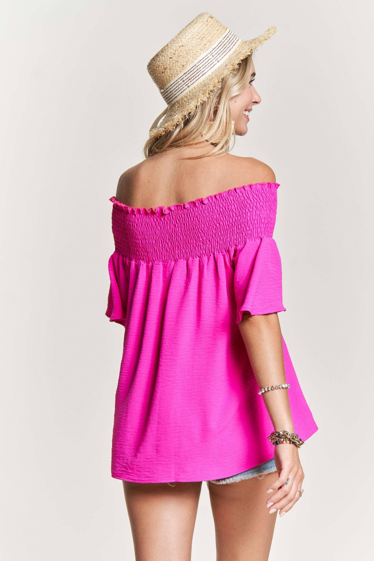 SMOCKED OFF SHOULDER TUNIC TOP