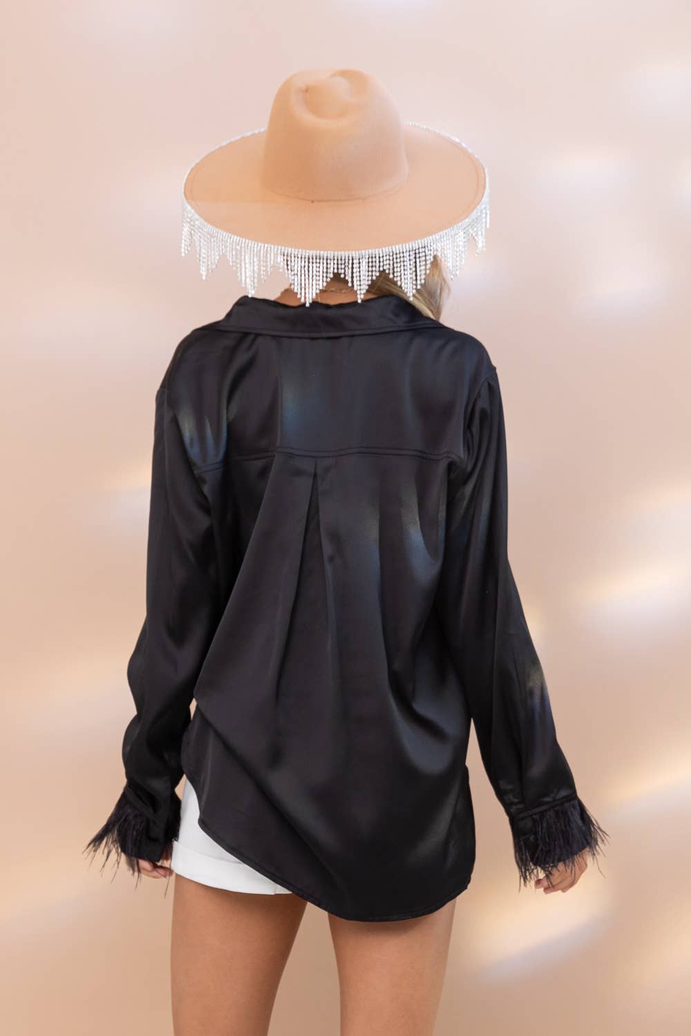 Satin Shirt Blouse with Ostrich Fur Cuff