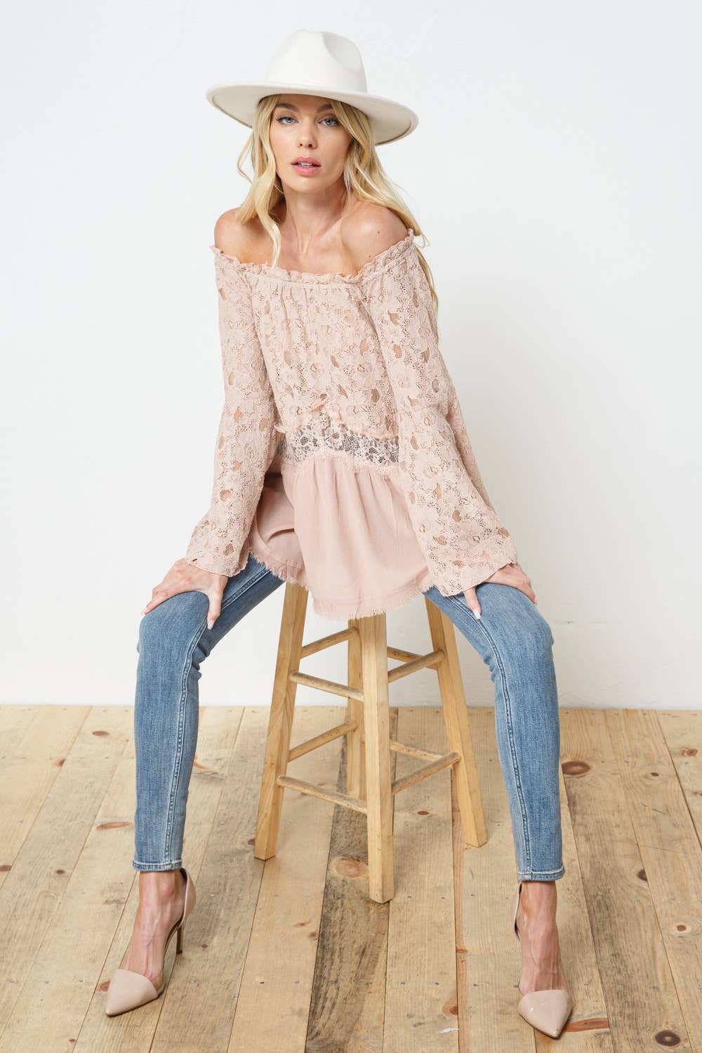 Off the Shoulder Lace Bell SLV Mix Flare Tunic Top