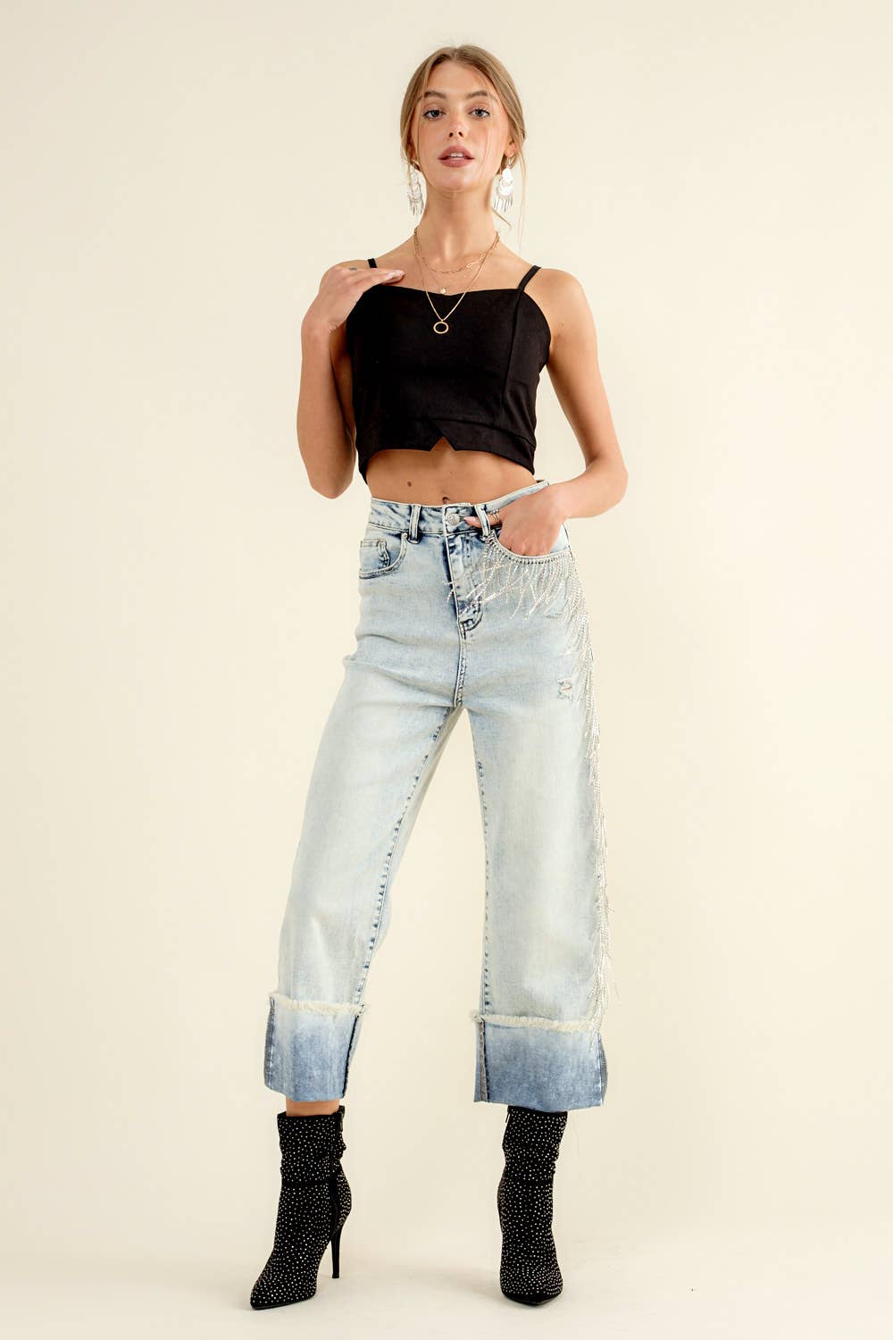 Rhinestone Fringe Denim Jeans