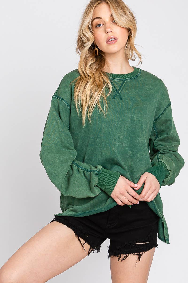 MINERAL WASH RUCHED SLEEVE SWEATSHIRT