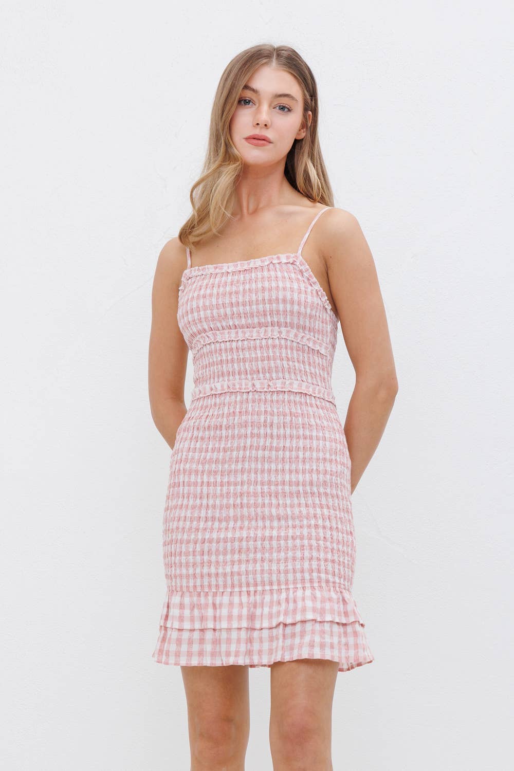 Gingham Smocked Ruffle Cami Bodycon Mini Dress