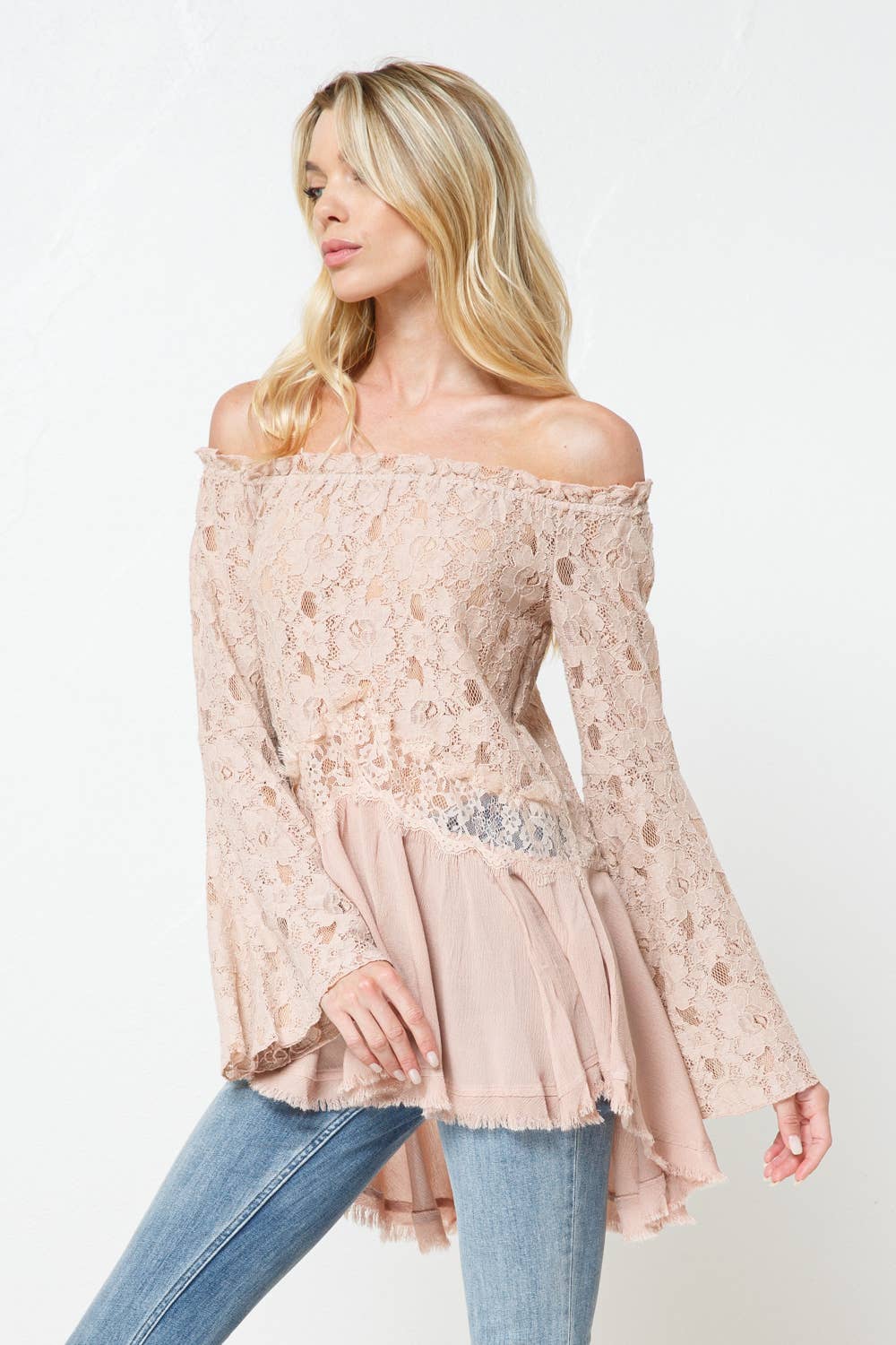 Off the Shoulder Lace Bell SLV Mix Flare Tunic Top