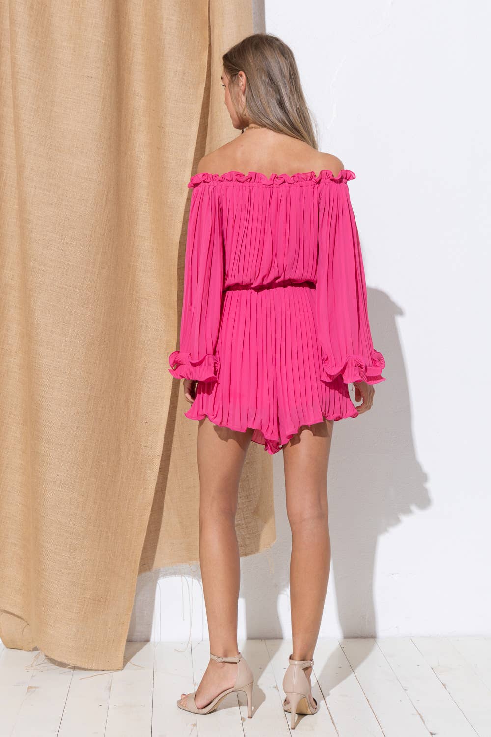 Chiffon Pleated Off Shoulder Ruffle Swirl Romper