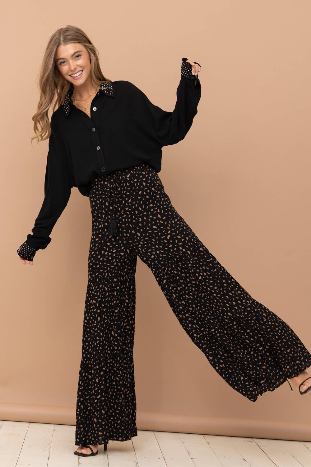 Dalmatian Print Tiered Palazzo Wide Leg Pants