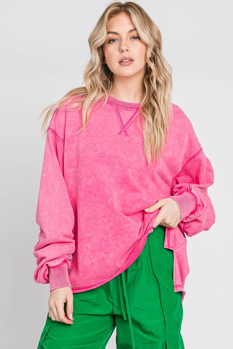 MINERAL WASH RUCHED SLEEVE SWEATSHIRT