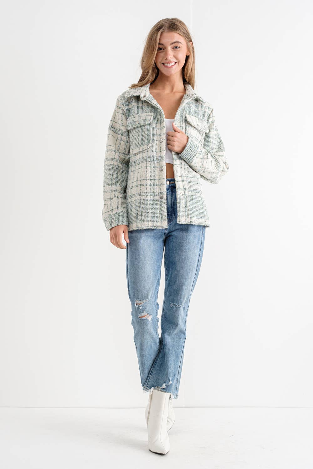 Brush Boucle Plaid Shirt Jacket