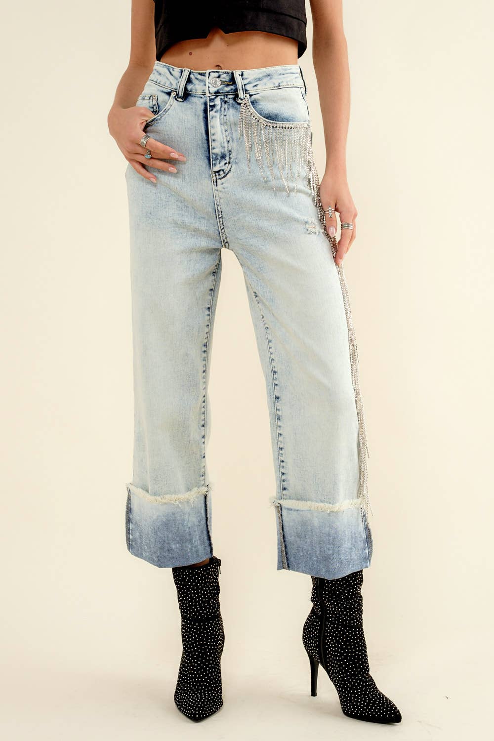 Rhinestone Fringe Denim Jeans