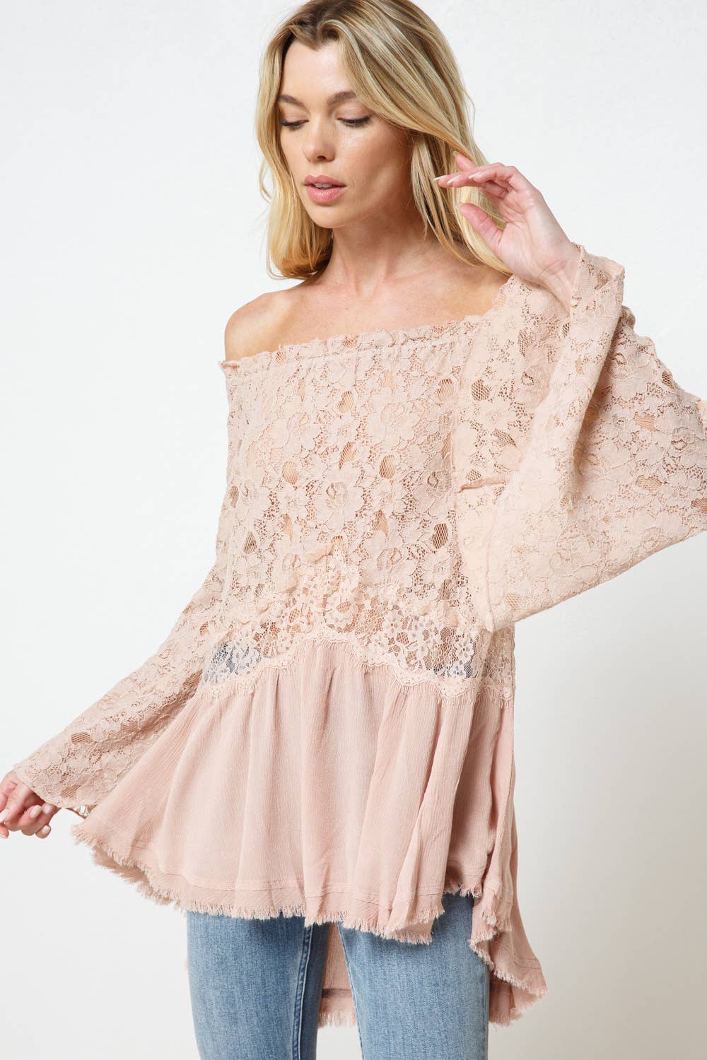 Off the Shoulder Lace Bell SLV Mix Flare Tunic Top