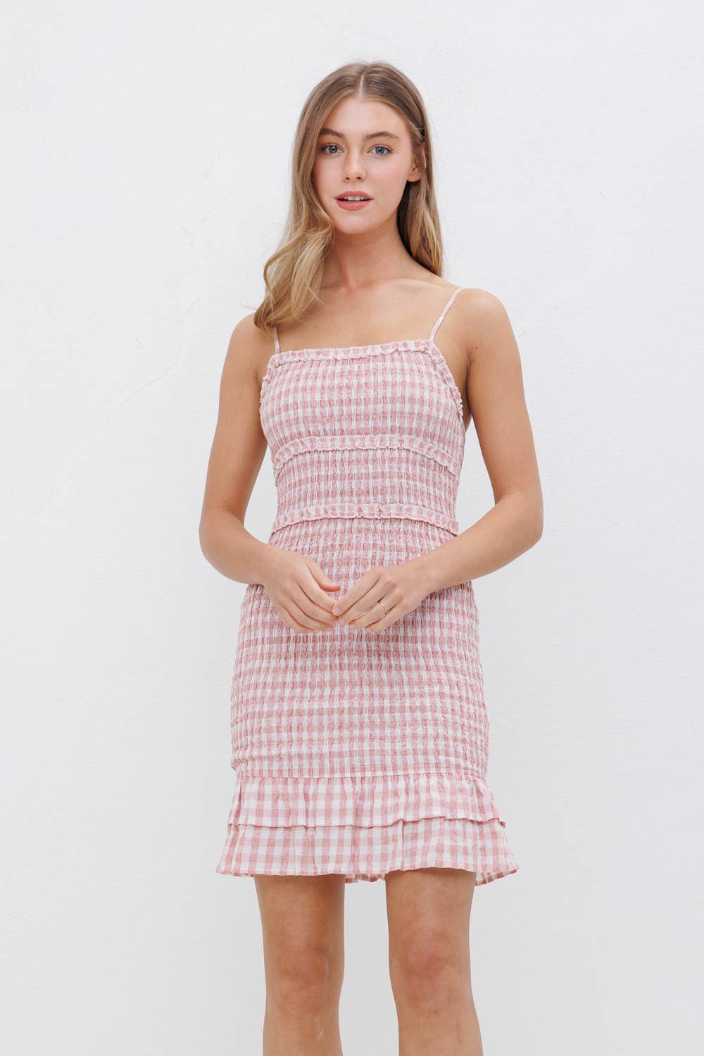 Gingham Smocked Ruffle Cami Bodycon Mini Dress