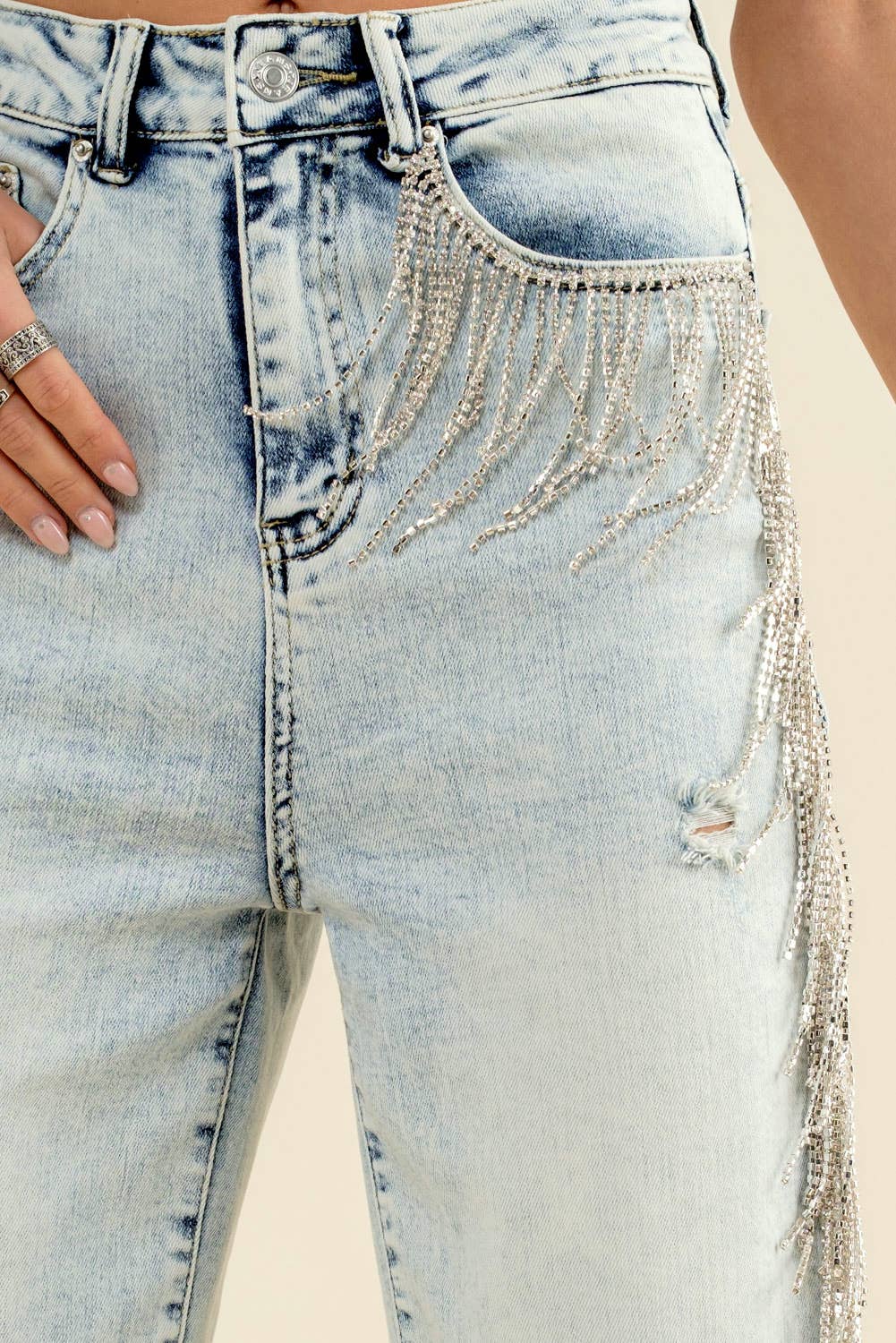 Rhinestone Fringe Denim Jeans