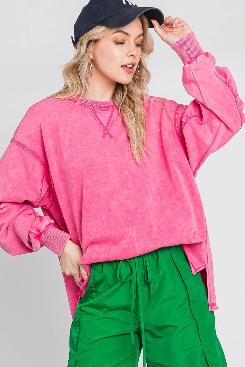 MINERAL WASH RUCHED SLEEVE SWEATSHIRT