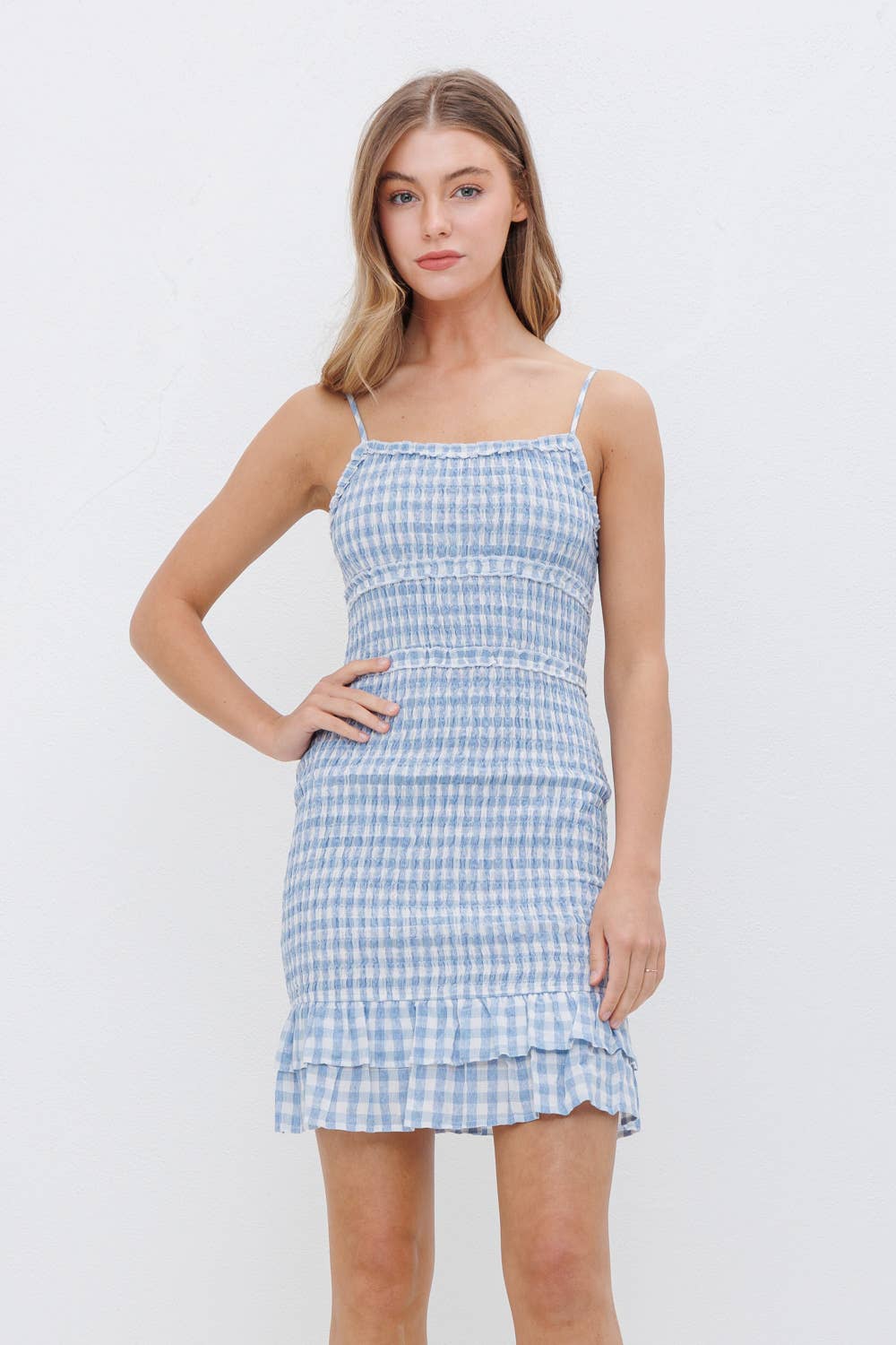 Gingham Smocked Ruffle Cami Bodycon Mini Dress