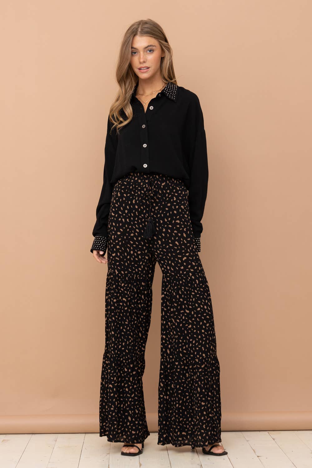 Dalmatian Print Tiered Palazzo Wide Leg Pants