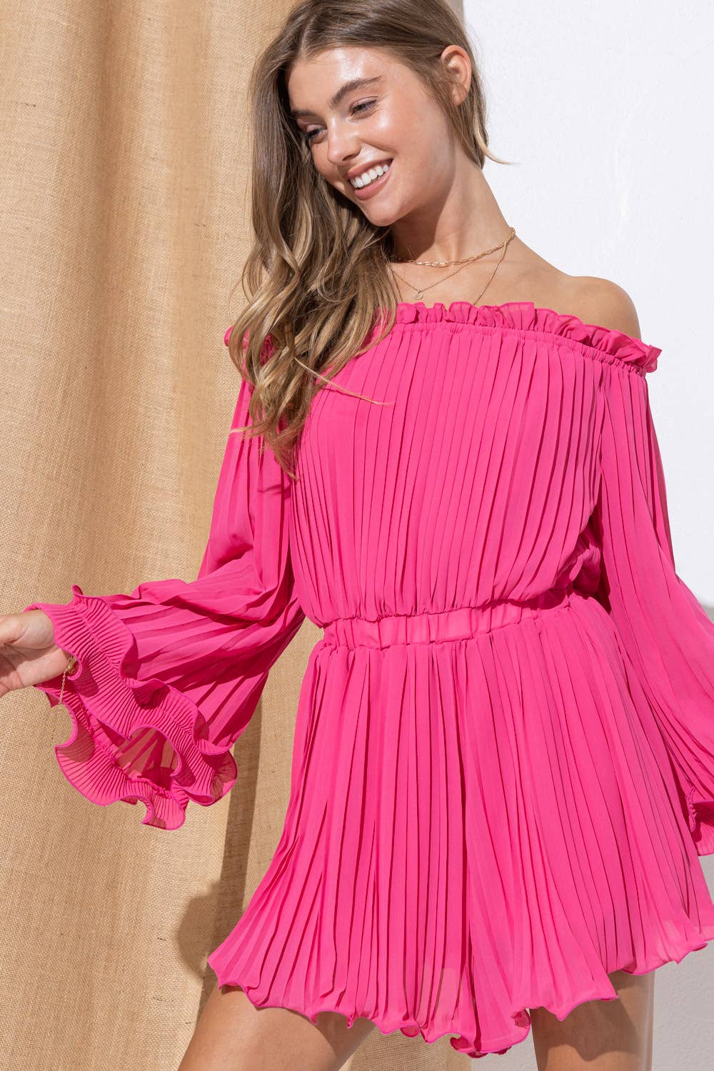 Chiffon Pleated Off Shoulder Ruffle Swirl Romper