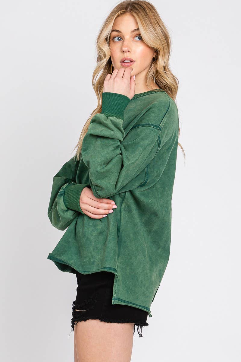 MINERAL WASH RUCHED SLEEVE SWEATSHIRT