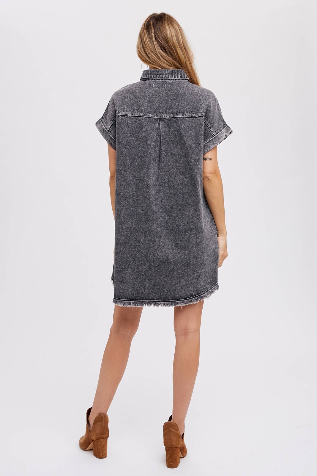 FRAYED HEM DENIM SHIRT DRESS