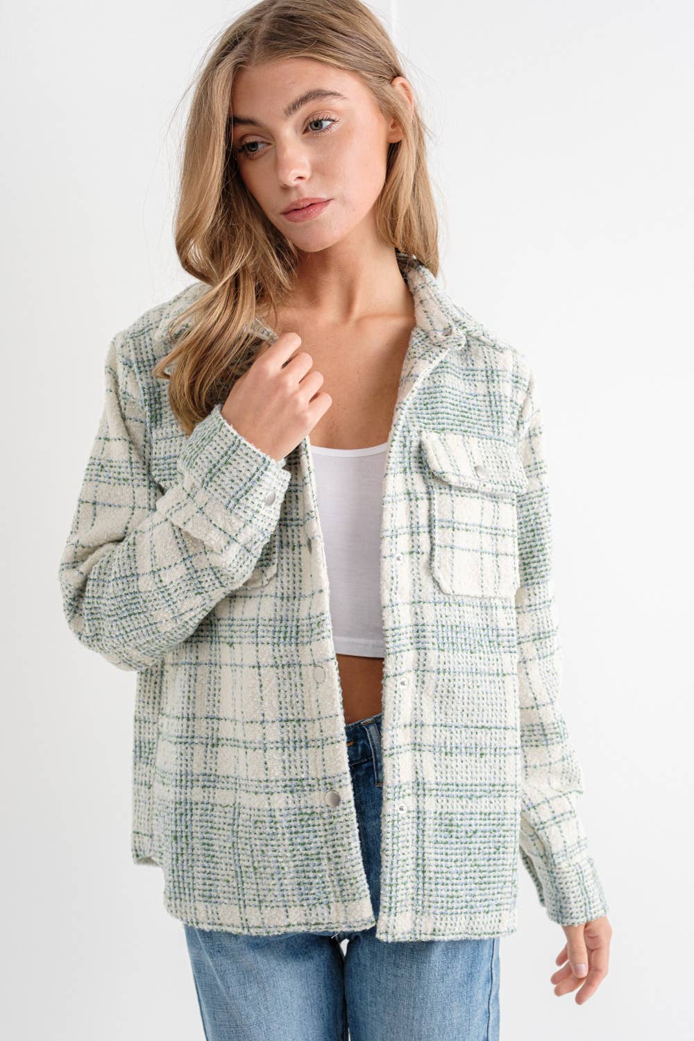 Brush Boucle Plaid Shirt Jacket