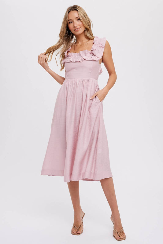 RUFFLED SQUARE NECK MIDI DRESS